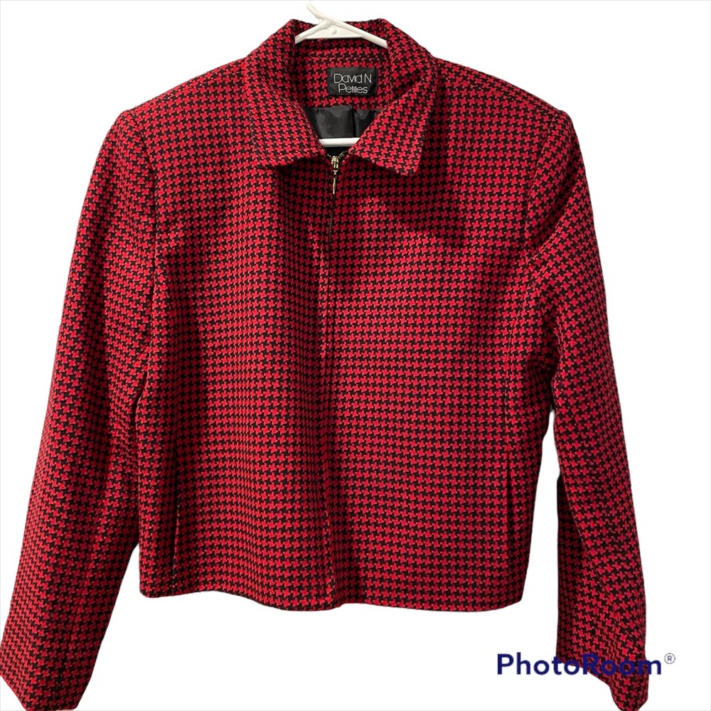 David N Petites Women’s Full Zip Houndstooth Jacket Lined Two Side Front Pockets